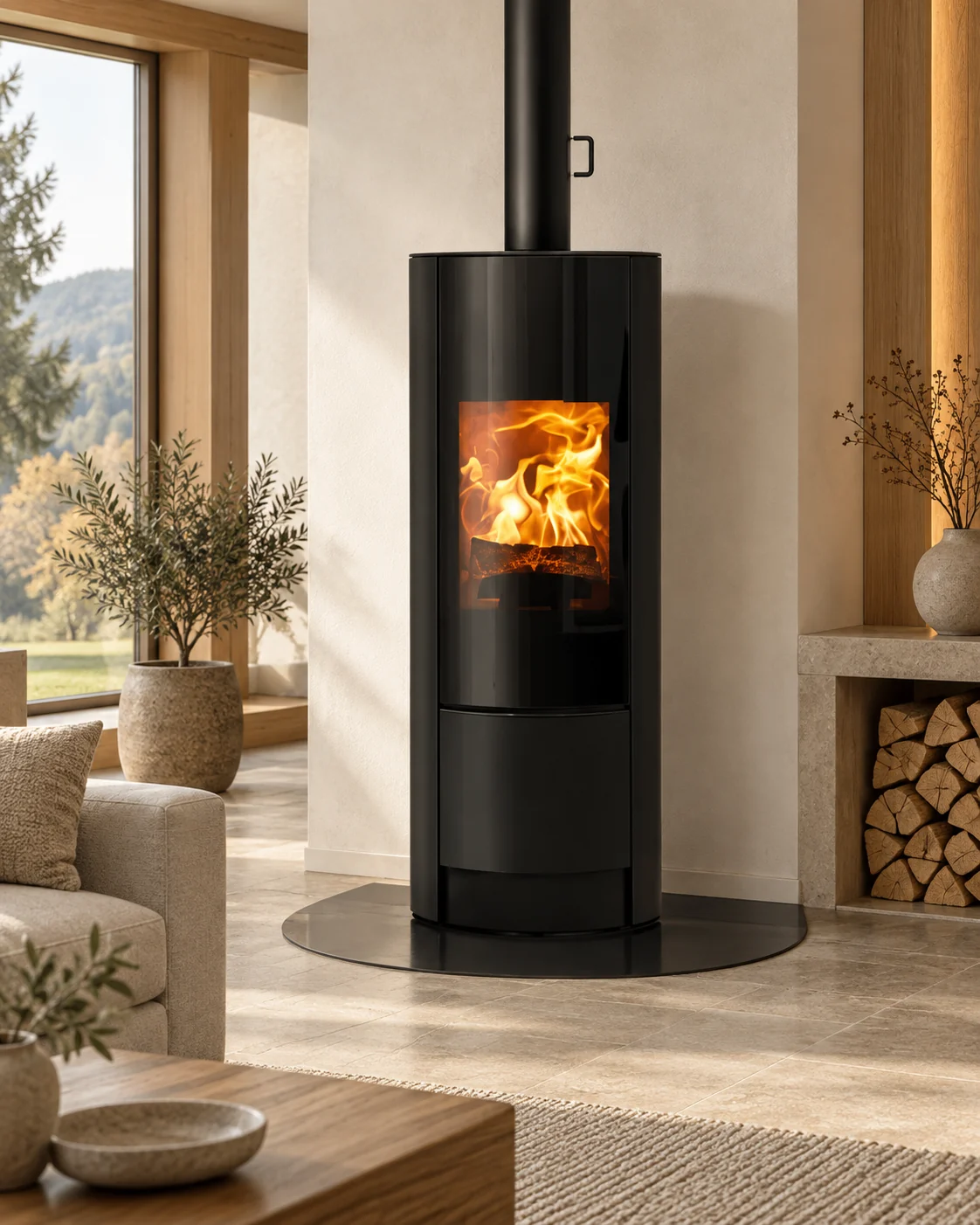 Pec na drevo RIKA SWING RIKATRONIC 4 v modernom interiéri